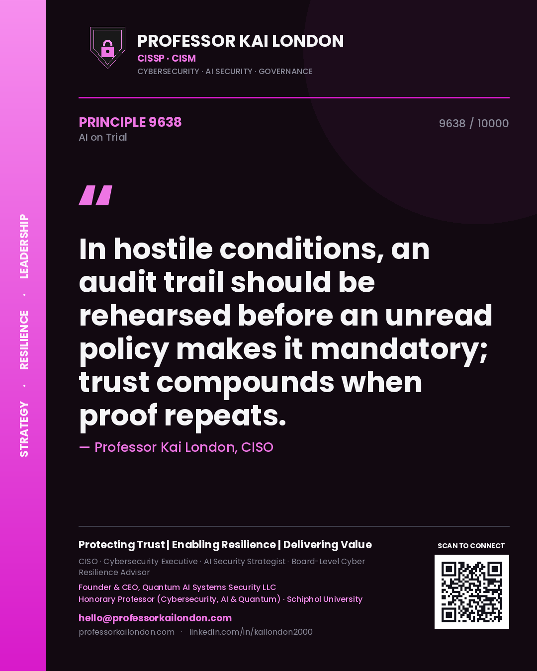Professor Kai London principle 9638: In hostile conditions, an audit trail should be rehearsed before an unread policy makes it mandatory; trust compounds when proof repeats.