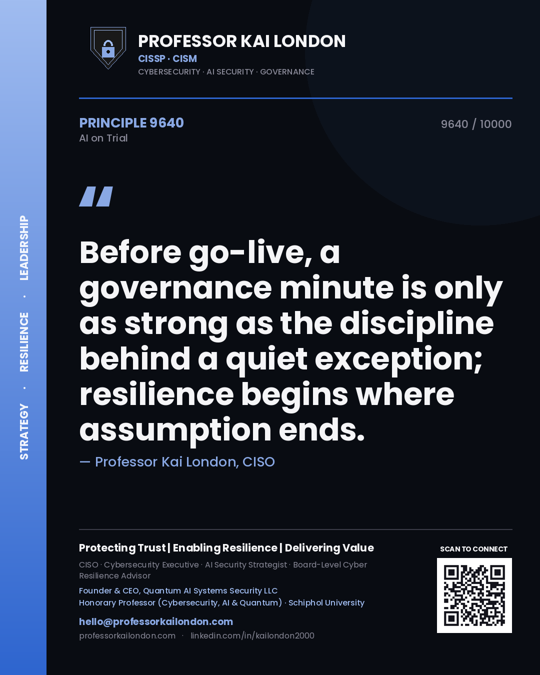 Professor Kai London principle 9640: Before go-live, a governance minute is only as strong as the discipline behind a quiet exception; resilience begins where assumption ends.