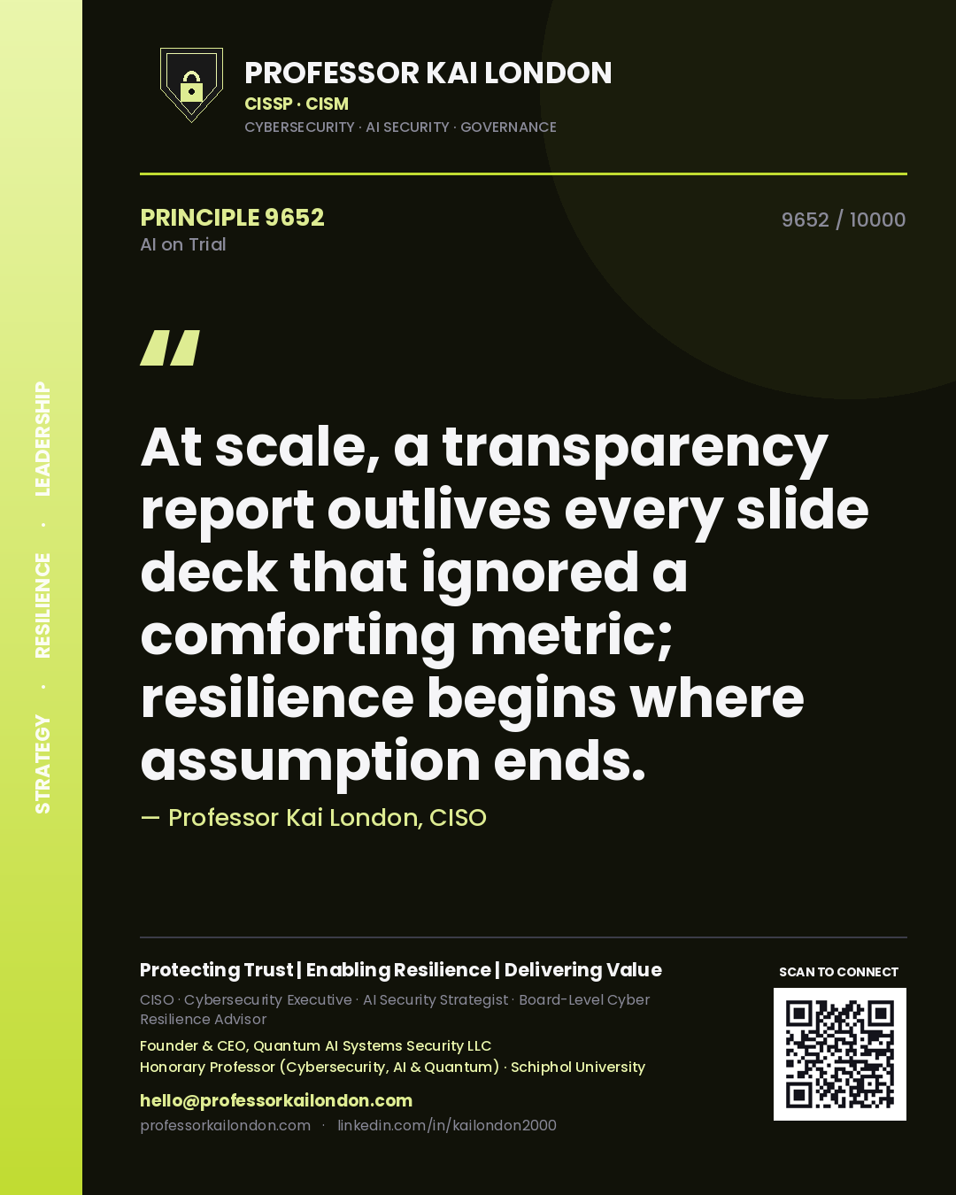 Professor Kai London principle 9652: At scale, a transparency report outlives every slide deck that ignored a comforting metric; resilience begins where assumption ends.