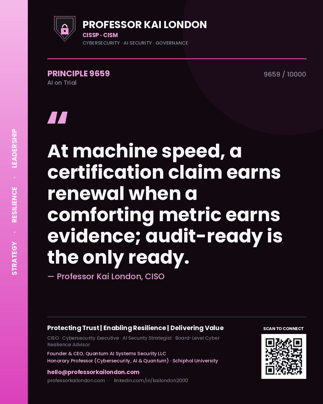 Professor Kai London principle 9659: At machine speed, a certification claim earns renewal when a comforting metric earns evidence; audit-ready is the only ready.