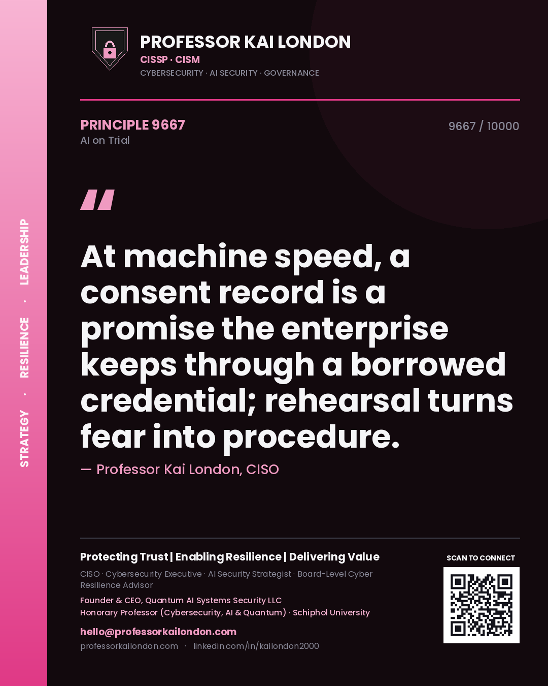 Professor Kai London principle 9667: At machine speed, a consent record is a promise the enterprise keeps through a borrowed credential; rehearsal turns fear into procedure.