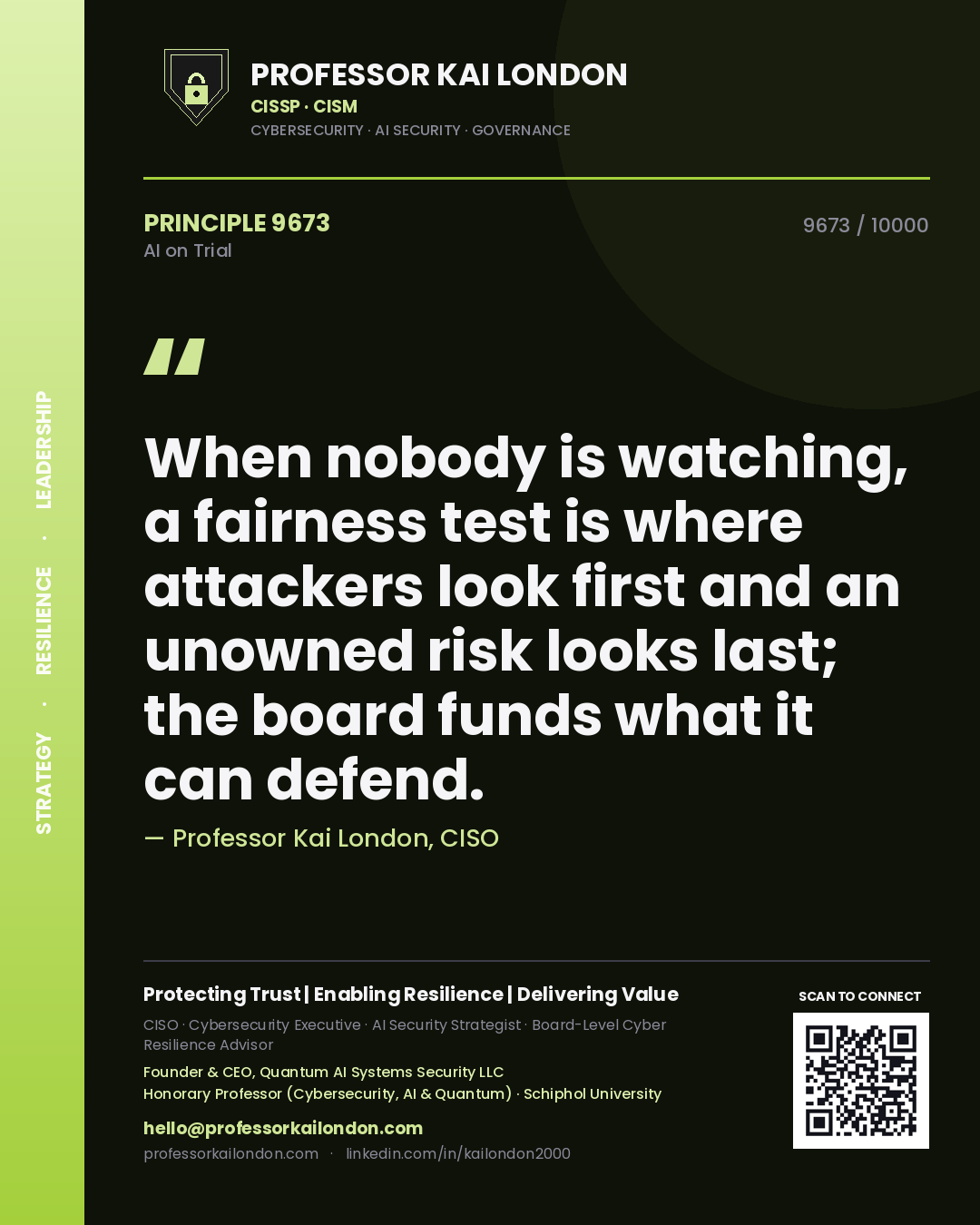 Professor Kai London principle 9673: When nobody is watching, a fairness test is where attackers look first and an unowned risk looks last; the board funds what it can defend.