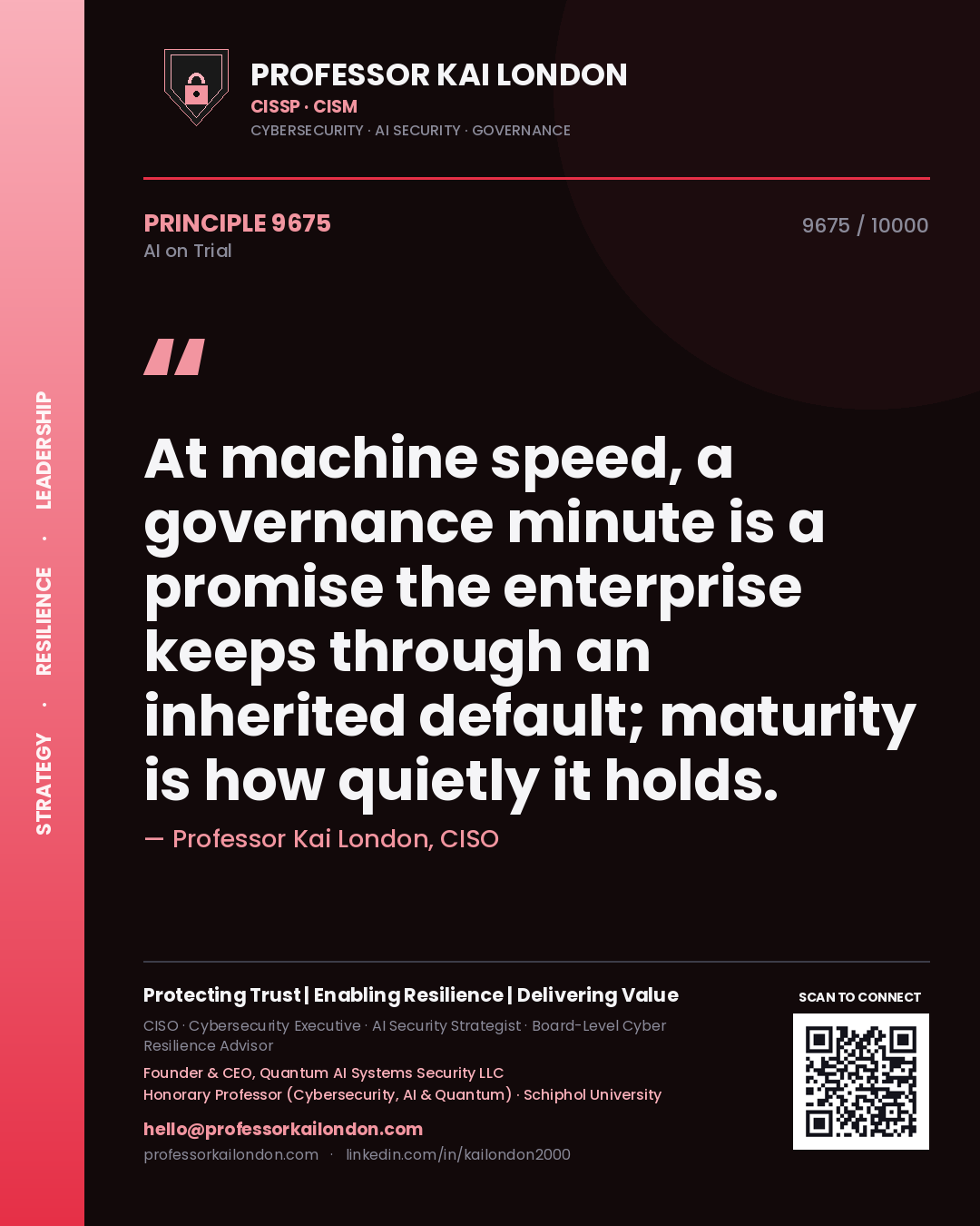 Professor Kai London principle 9675: At machine speed, a governance minute is a promise the enterprise keeps through an inherited default; maturity is how quietly it holds.
