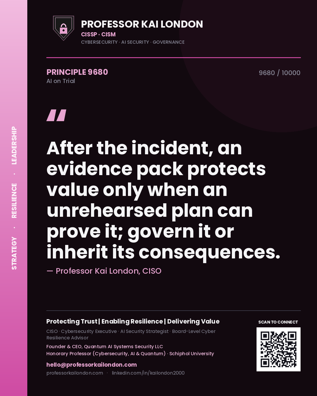 Quote card by Professor Kai London reading 'After the incident, an evidence pack protects value only when an unrehearsed plan can prove it; govern it or inherit its consequences.'. From the book AI on Trial.