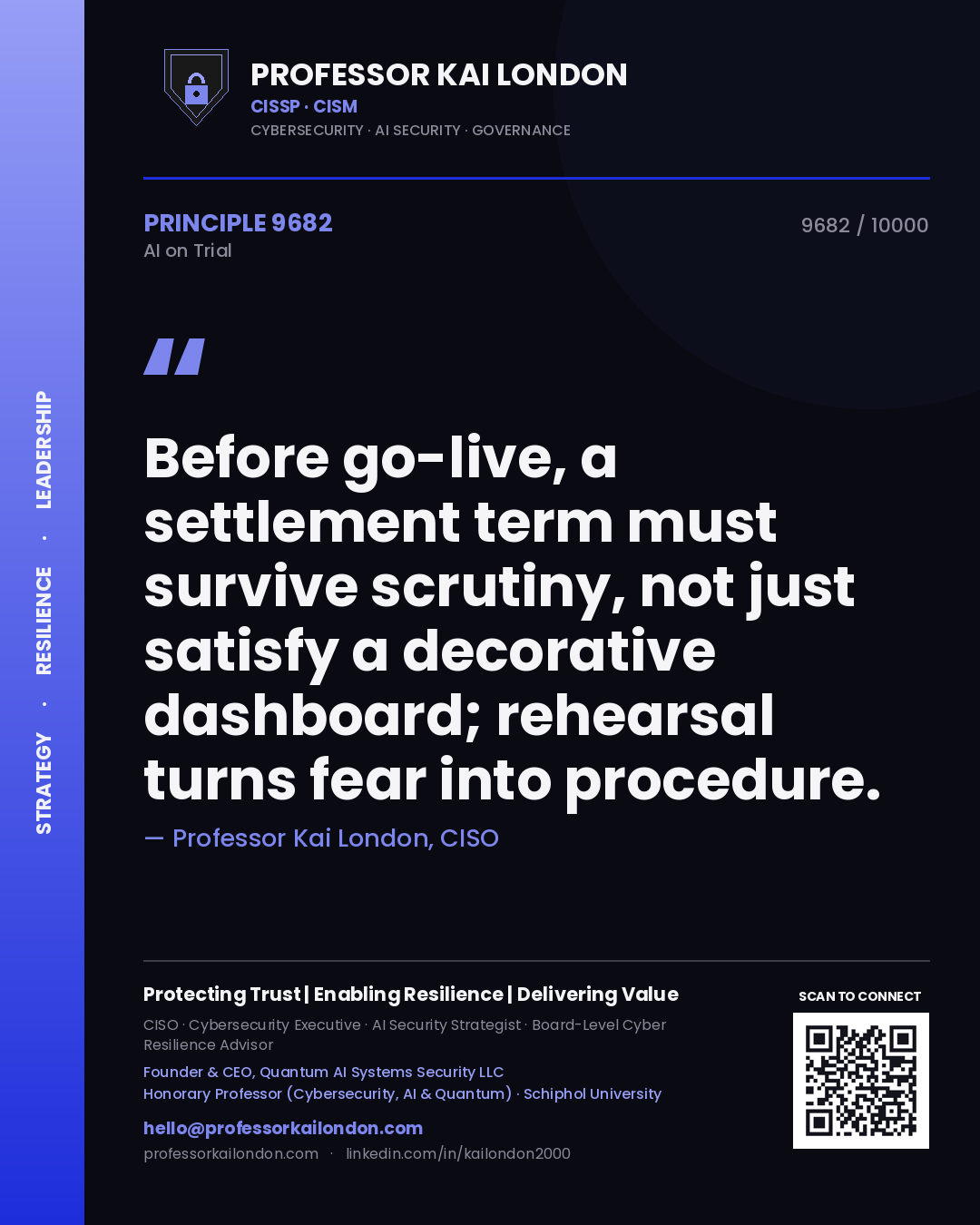 Professor Kai London principle 9682: Before go-live, a settlement term must survive scrutiny, not just satisfy a decorative dashboard; rehearsal turns fear into procedure.