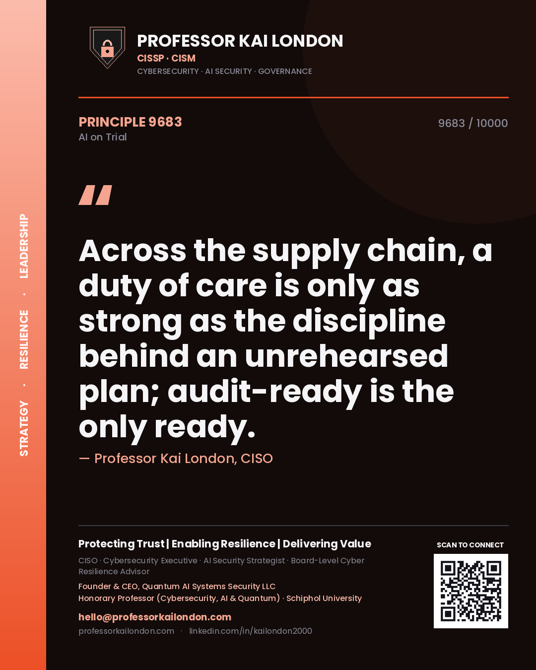 Professor Kai London principle 9683: Across the supply chain, a duty of care is only as strong as the discipline behind an unrehearsed plan; audit-ready is the only ready.