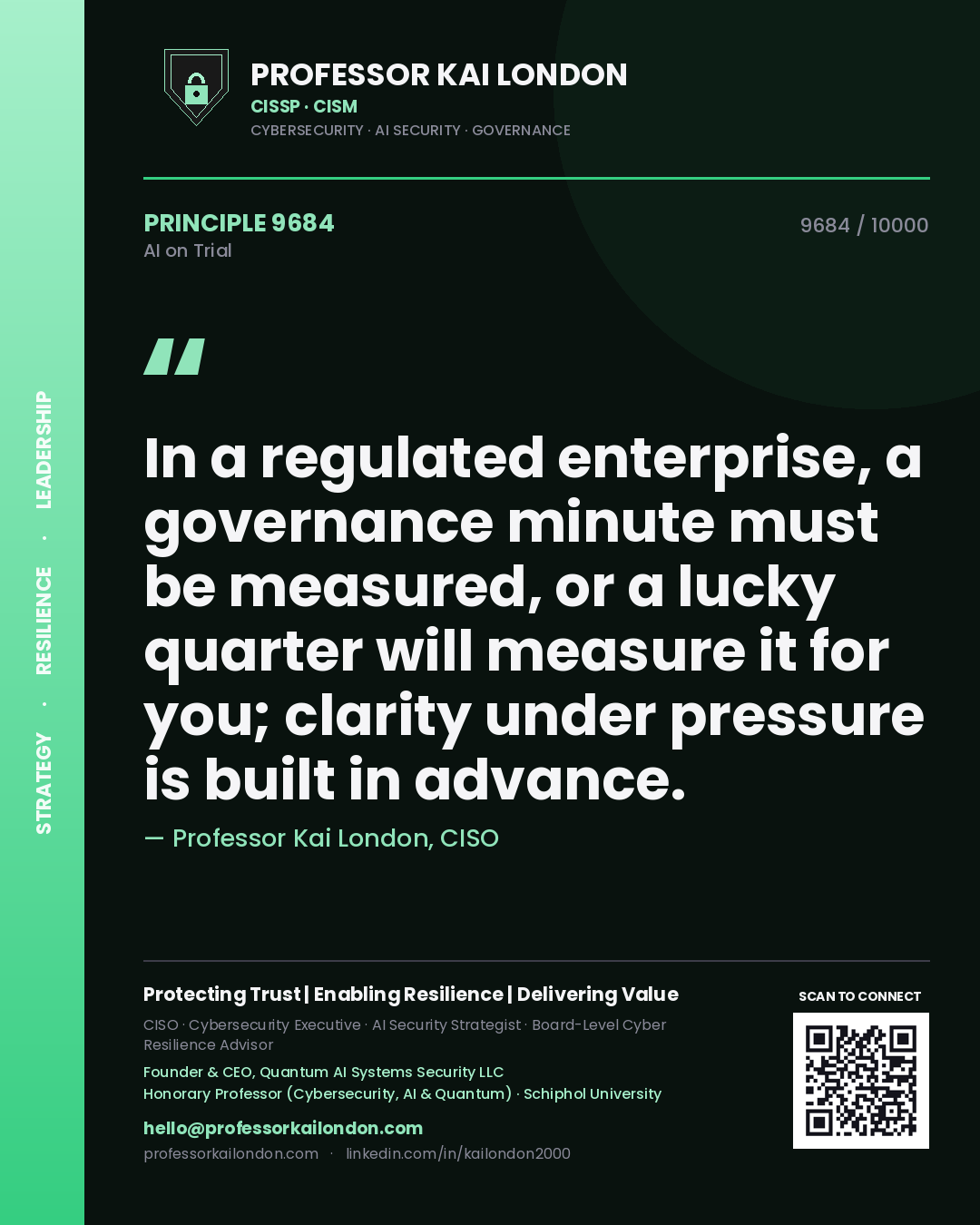Professor Kai London principle 9684: In a regulated enterprise, a governance minute must be measured, or a lucky quarter will measure it for you; clarity under pressure is built in advance.