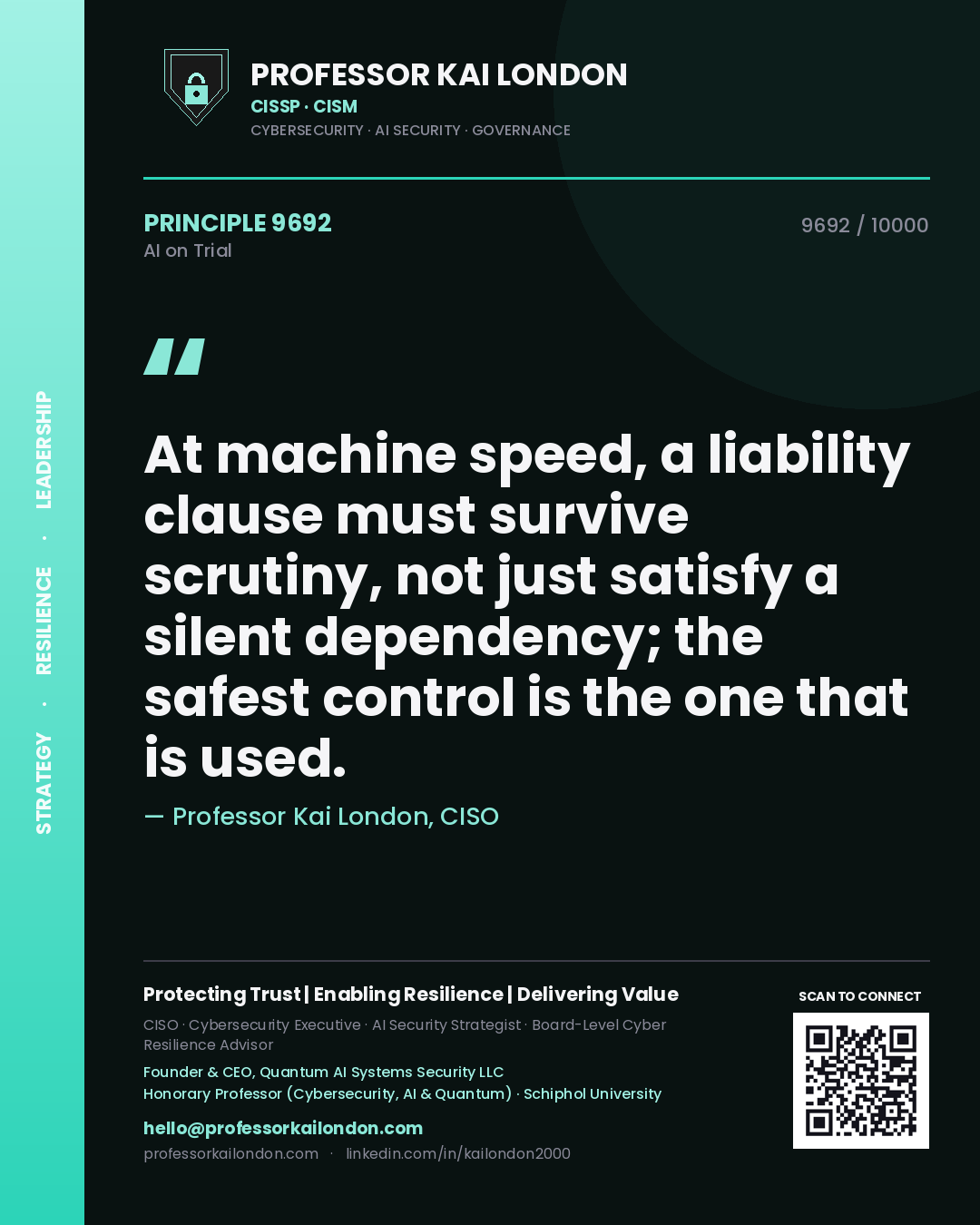 Quote card by Professor Kai London reading 'At machine speed, a liability clause must survive scrutiny, not just satisfy a silent dependency; the safest control is the one that is used.'. From the book AI on Trial.