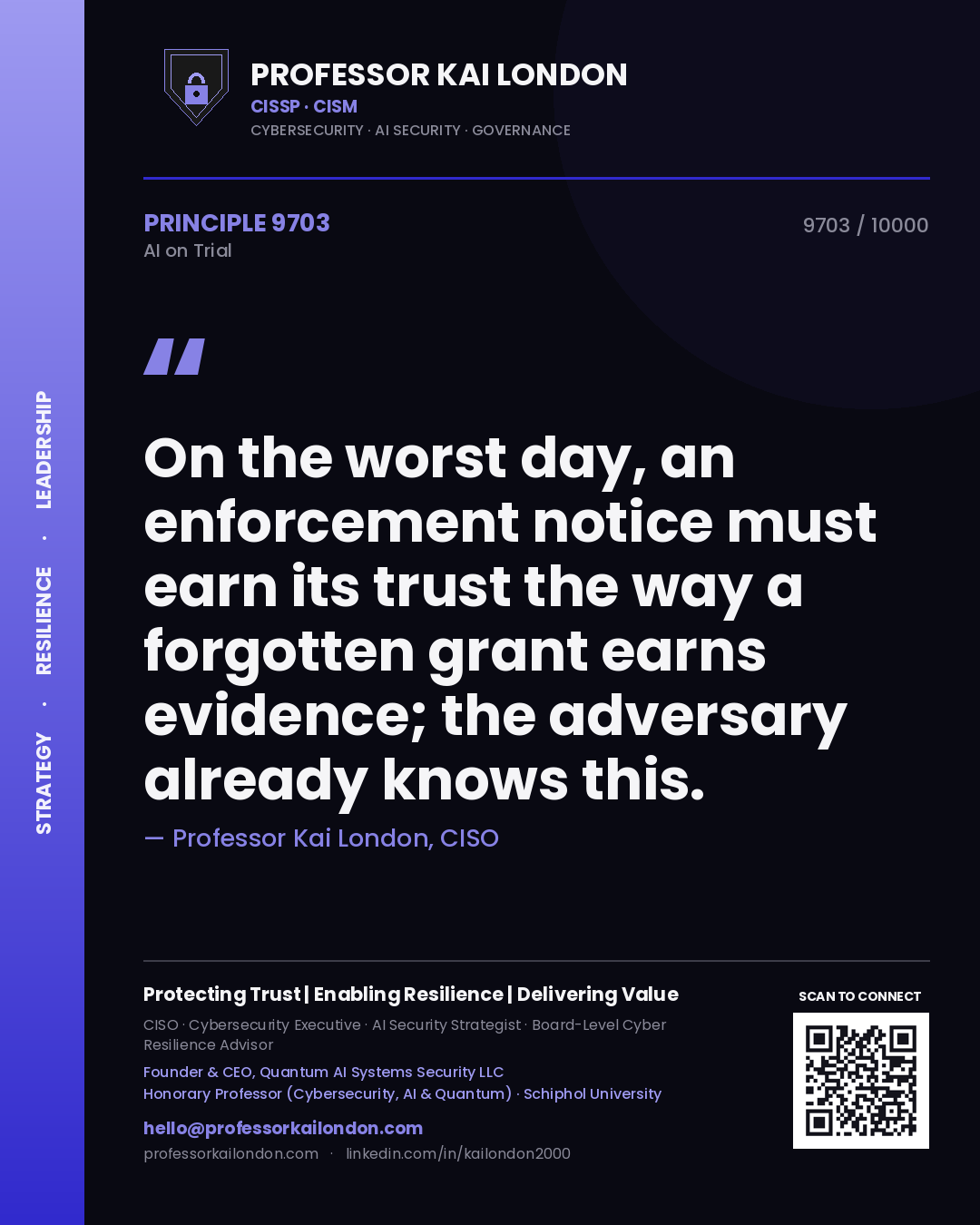 Professor Kai London principle 9703: On the worst day, an enforcement notice must earn its trust the way a forgotten grant earns evidence; the adversary already knows this.