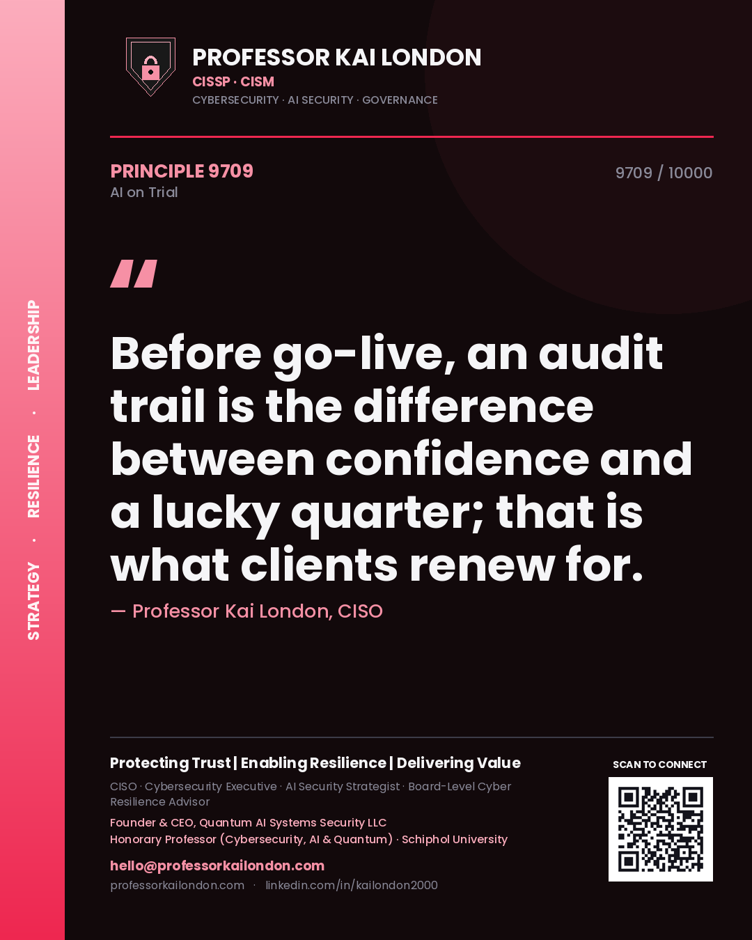Professor Kai London principle 9709: Before go-live, an audit trail is the difference between confidence and a lucky quarter; that is what clients renew for.