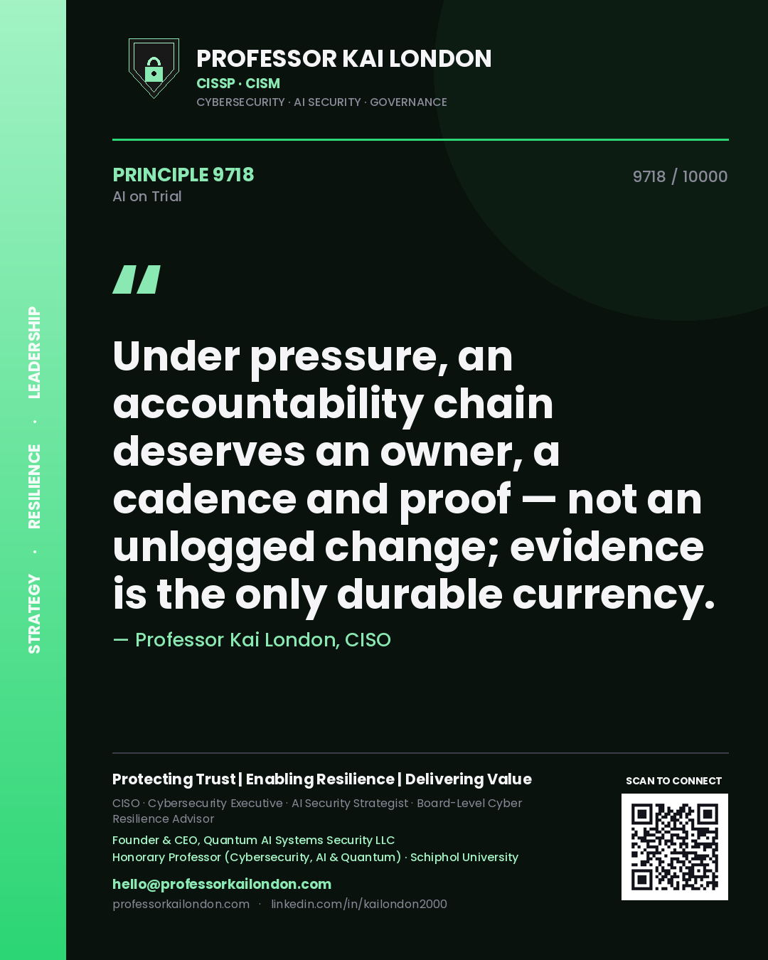 Quote card by Professor Kai London reading 'Under pressure, an accountability chain deserves an owner, a cadence and proof — not an unlogged change; evidence is the only durable currency.'. From the book AI on Trial.