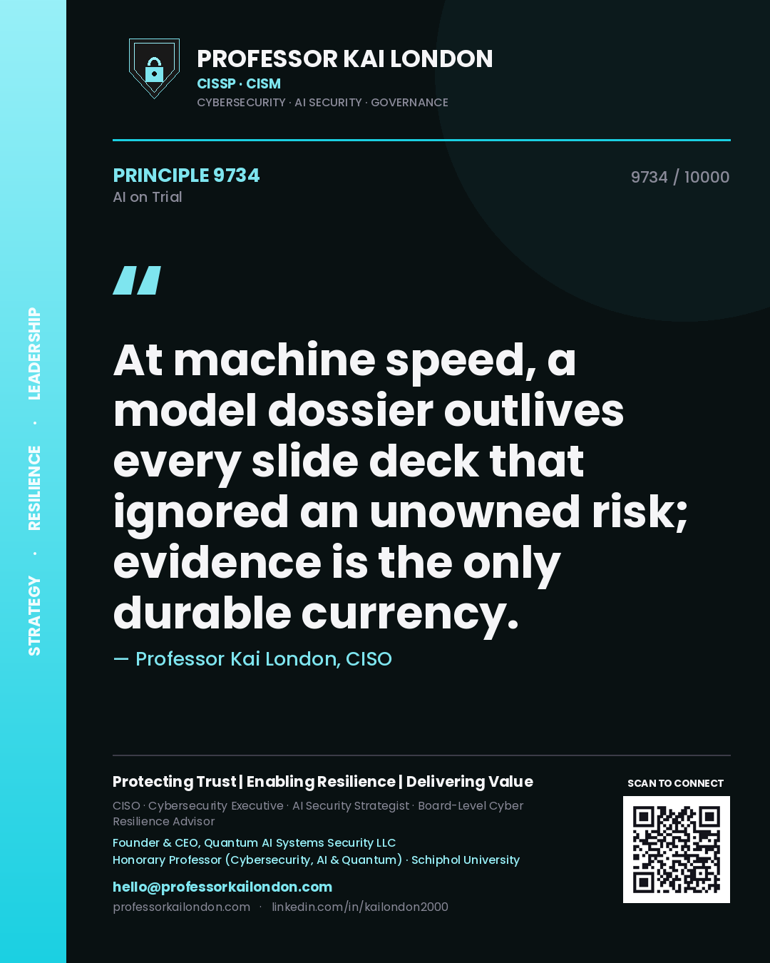 Quote card by Professor Kai London reading 'At machine speed, a model dossier outlives every slide deck that ignored an unowned risk; evidence is the only durable currency.'. From the book AI on Trial.