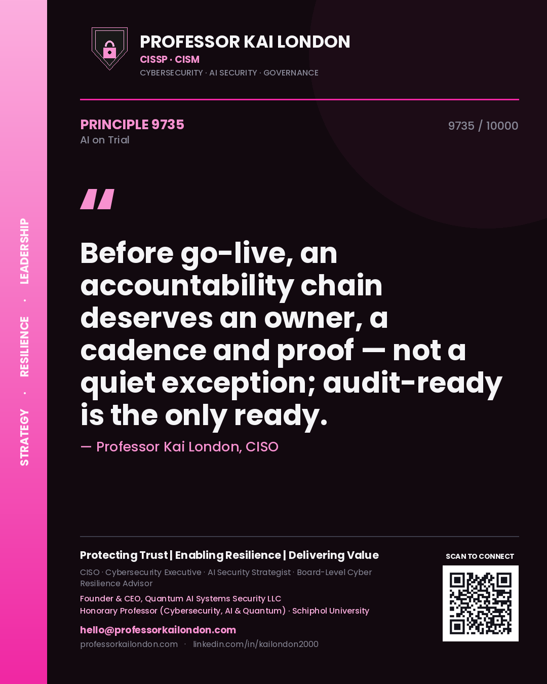 Professor Kai London principle 9735: Before go-live, an accountability chain deserves an owner, a cadence and proof — not a quiet exception; audit-ready is the only ready.