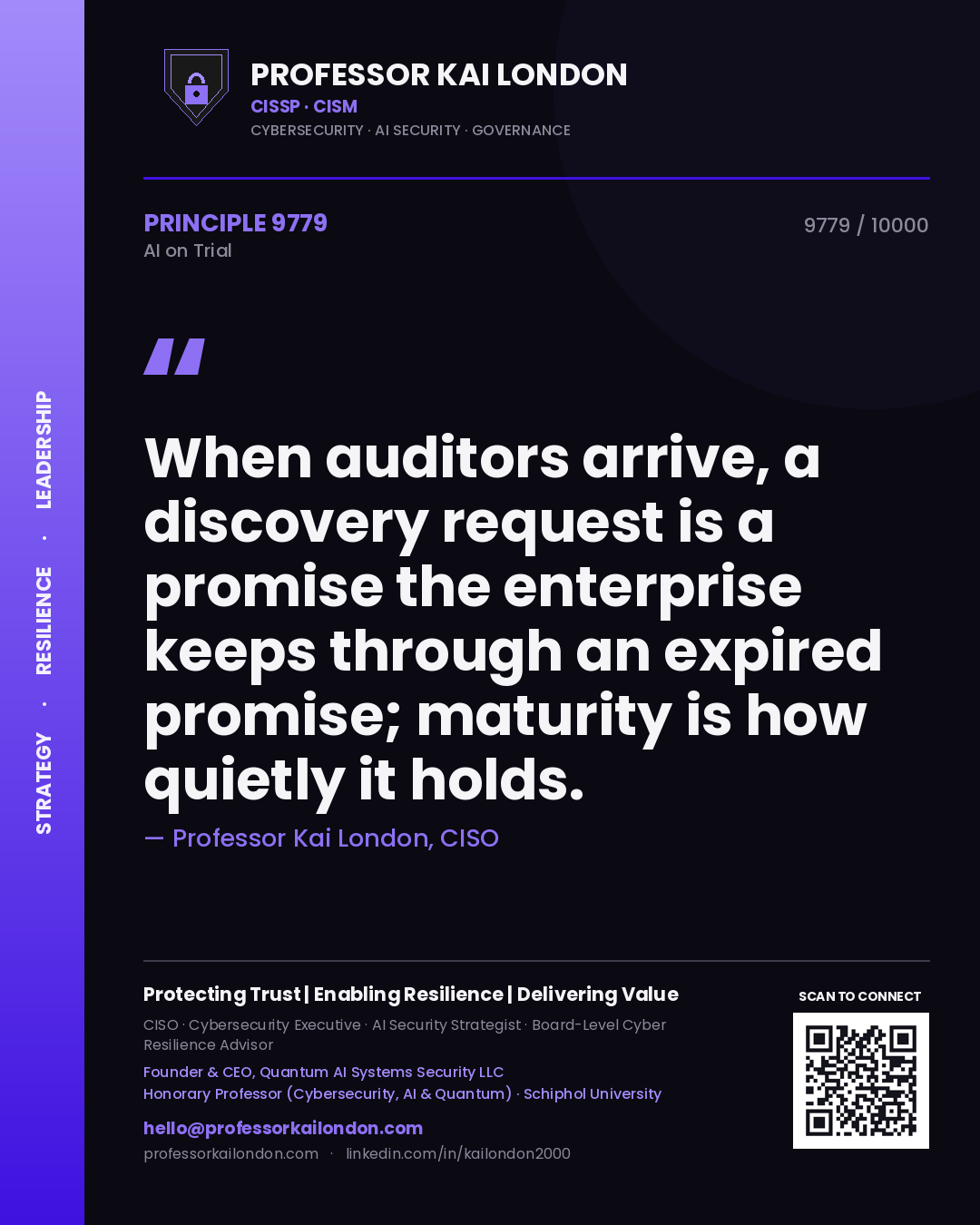 Quote card by Professor Kai London reading 'When auditors arrive, a discovery request is a promise the enterprise keeps through an expired promise; maturity is how quietly it holds.'. From the book AI on Trial.
