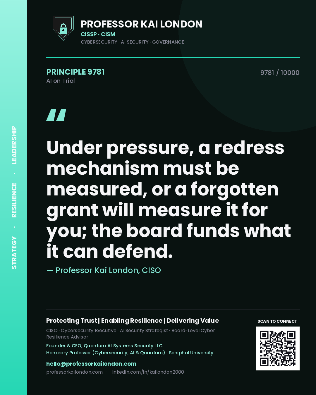 Quote card by Professor Kai London reading 'Under pressure, a redress mechanism must be measured, or a forgotten grant will measure it for you; the board funds what it can defend.'. From the book AI on Trial.