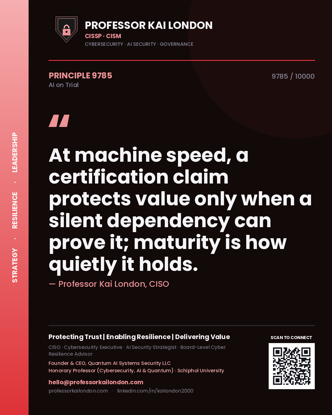 Professor Kai London principle 9785: At machine speed, a certification claim protects value only when a silent dependency can prove it; maturity is how quietly it holds.