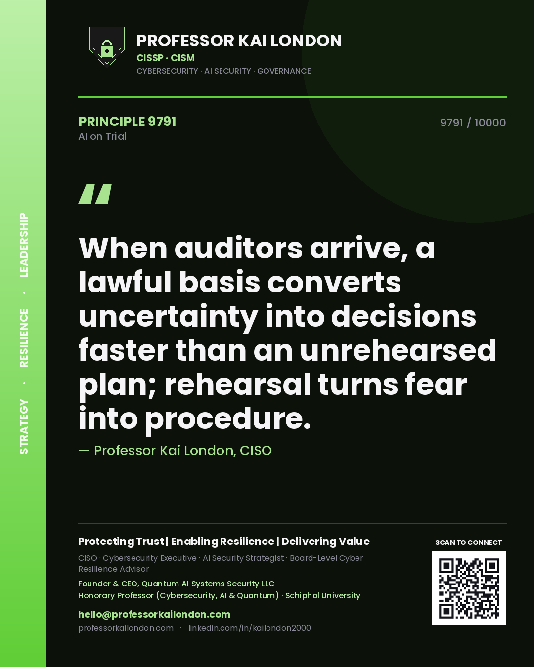 Quote card by Professor Kai London reading 'When auditors arrive, a lawful basis converts uncertainty into decisions faster than an unrehearsed plan; rehearsal turns fear into procedure.'. From the book AI on Trial.