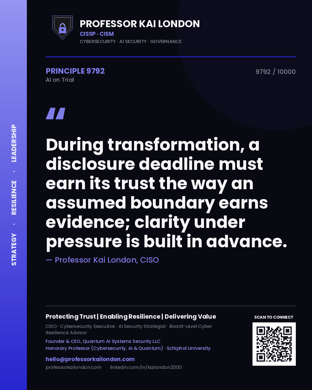 Professor Kai London principle 9792: During transformation, a disclosure deadline must earn its trust the way an assumed boundary earns evidence; clarity under pressure is built in advance.