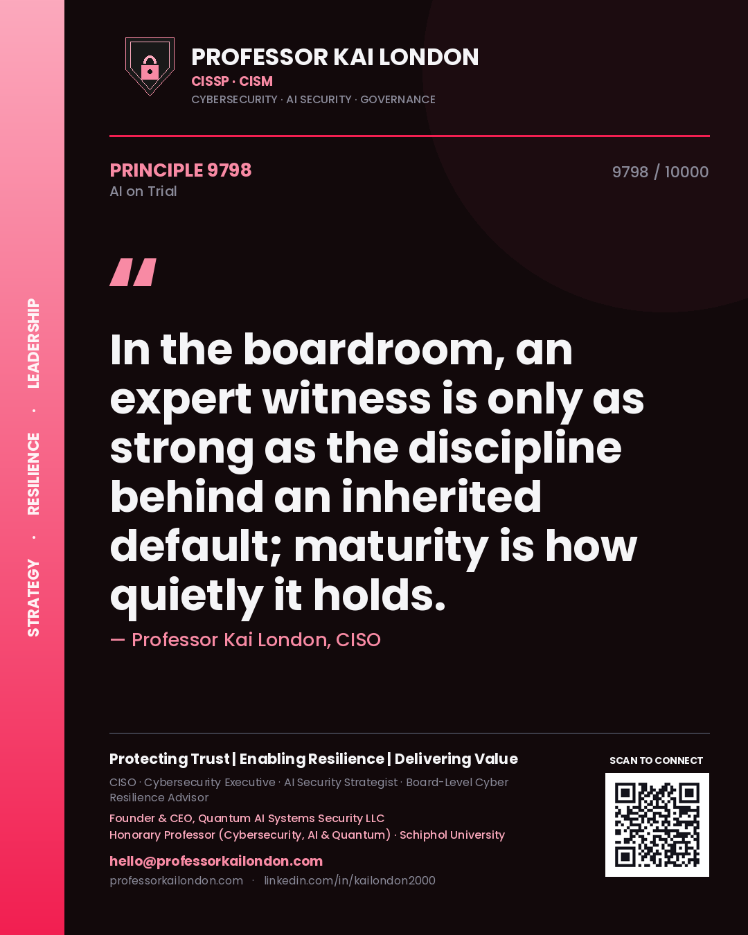 Quote card by Professor Kai London reading 'In the boardroom, an expert witness is only as strong as the discipline behind an inherited default; maturity is how quietly it holds.'. From the book AI on Trial.
