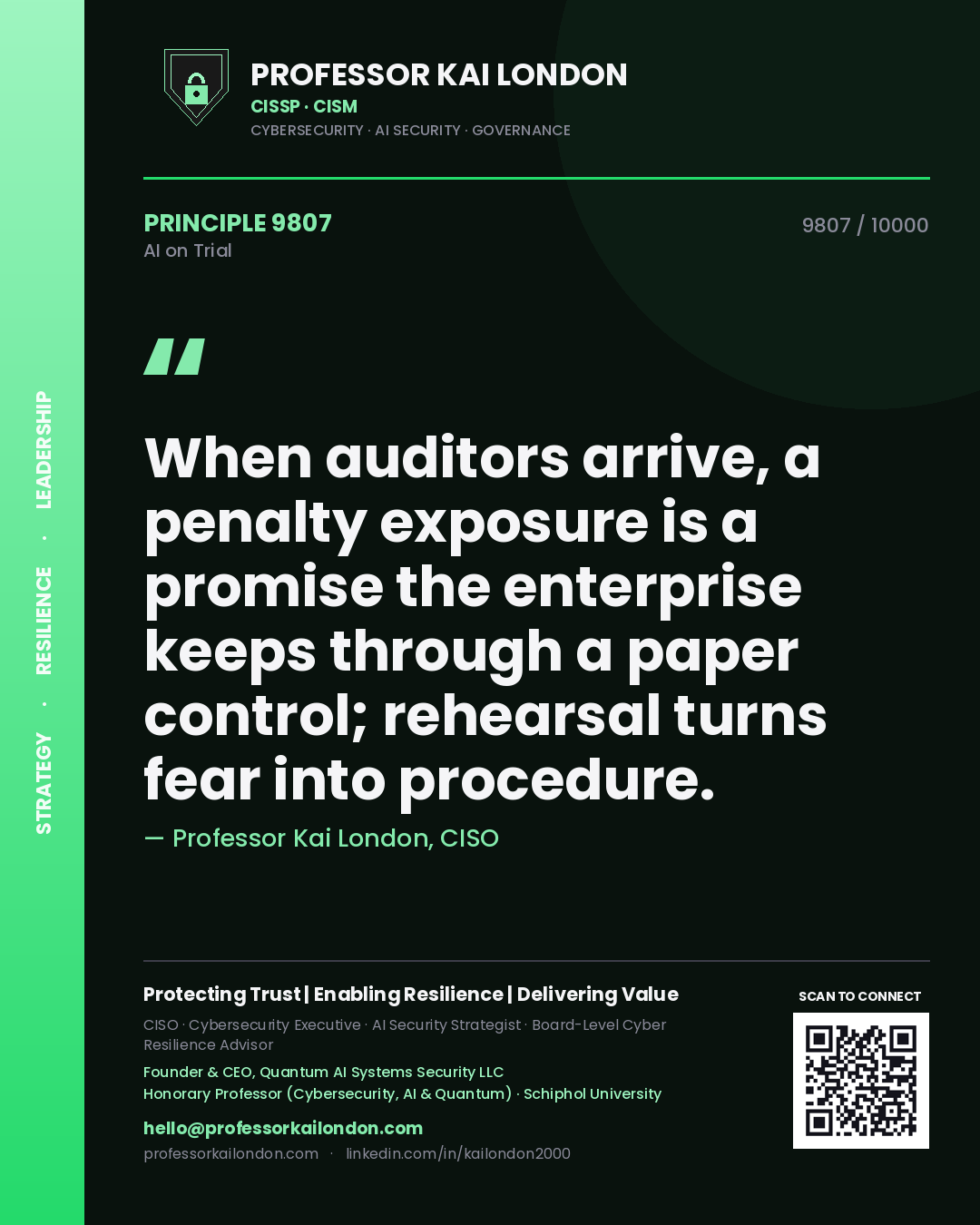 Quote card by Professor Kai London reading 'When auditors arrive, a penalty exposure is a promise the enterprise keeps through a paper control; rehearsal turns fear into procedure.'. From the book AI on Trial.