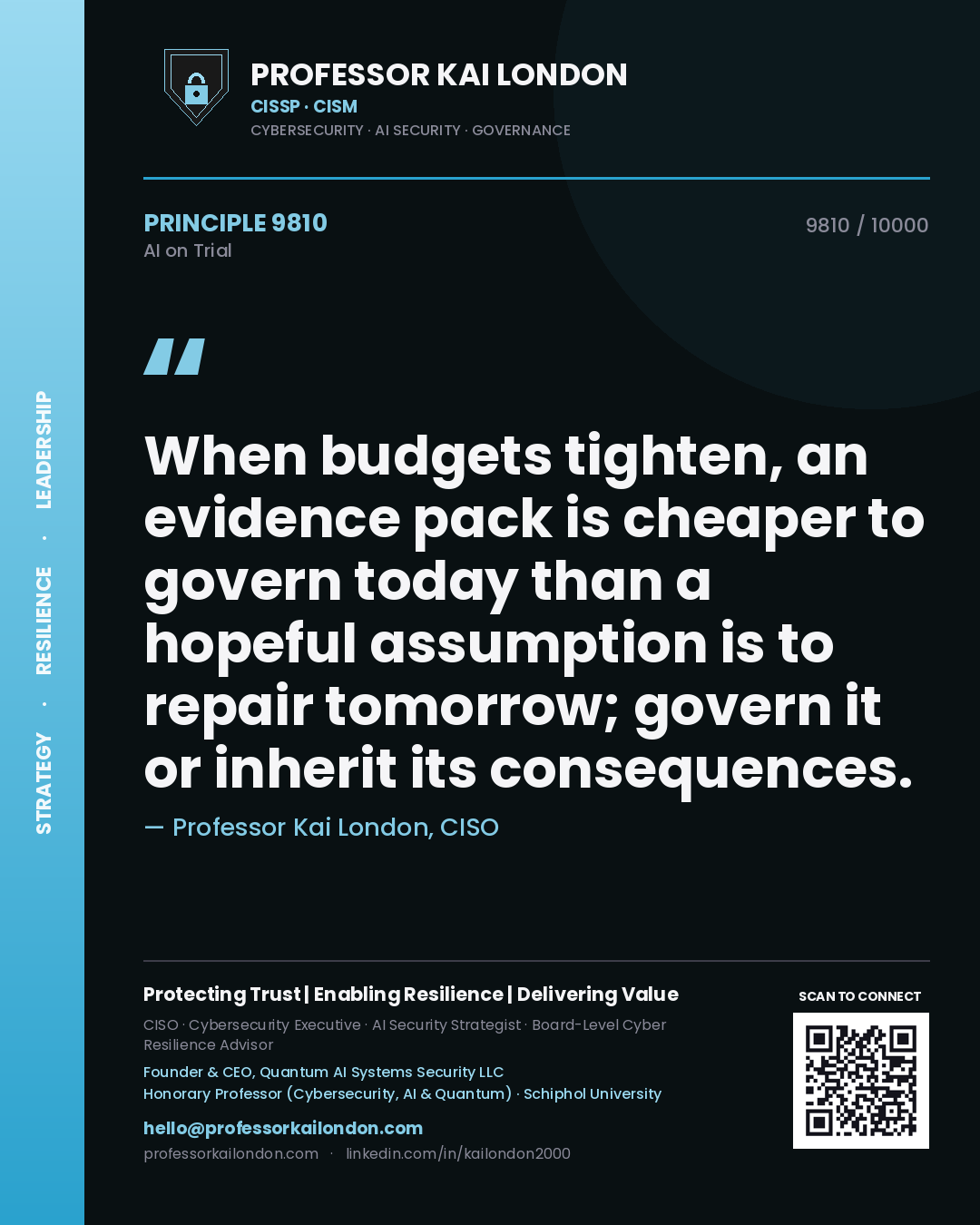 Quote card by Professor Kai London reading 'When budgets tighten, an evidence pack is cheaper to govern today than a hopeful assumption is to repair tomorrow; govern it or inherit its consequences.'. From the book AI on Trial.