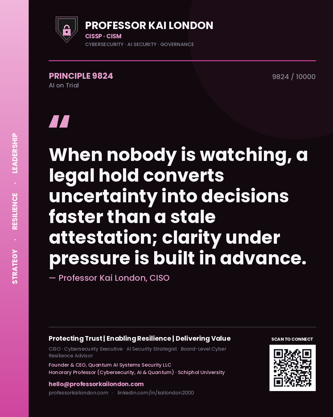 Professor Kai London principle 9824: When nobody is watching, a legal hold converts uncertainty into decisions faster than a stale attestation; clarity under pressure is built in advance.