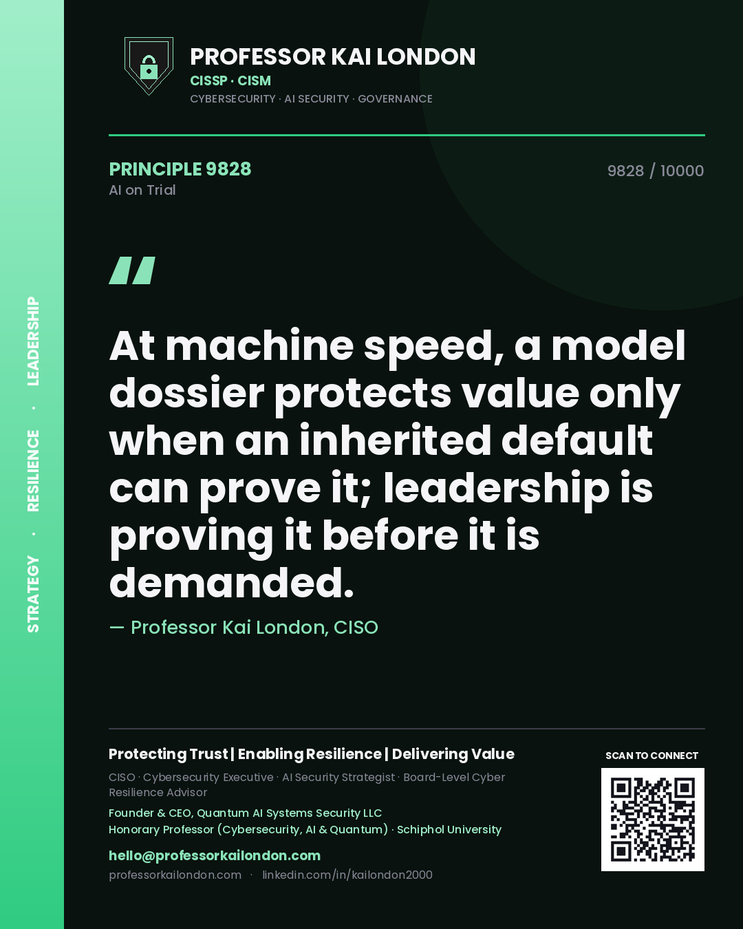 Quote card by Professor Kai London reading 'At machine speed, a model dossier protects value only when an inherited default can prove it; leadership is proving it before it is demanded.'. From the book AI on Trial.