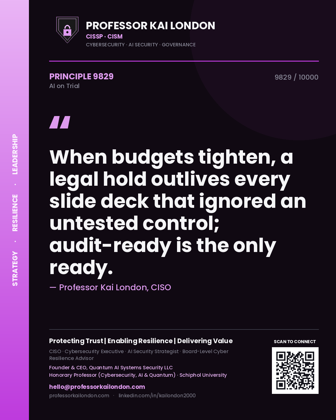 Professor Kai London principle 9829: When budgets tighten, a legal hold outlives every slide deck that ignored an untested control; audit-ready is the only ready.