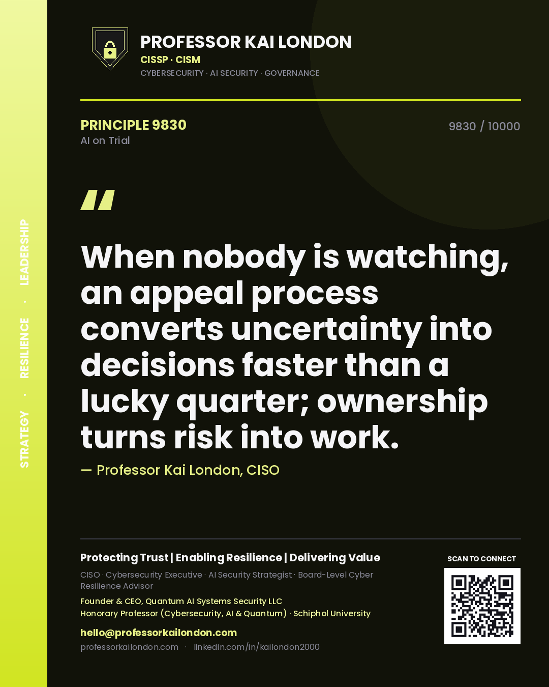 Quote card by Professor Kai London reading 'When nobody is watching, an appeal process converts uncertainty into decisions faster than a lucky quarter; ownership turns risk into work.'. From the book AI on Trial.