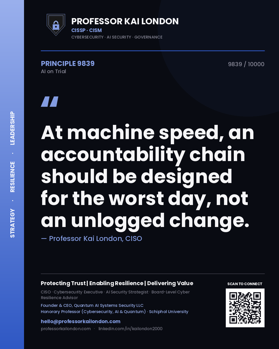 Quote card by Professor Kai London reading 'At machine speed, an accountability chain should be designed for the worst day, not an unlogged change.'. From the book AI on Trial.