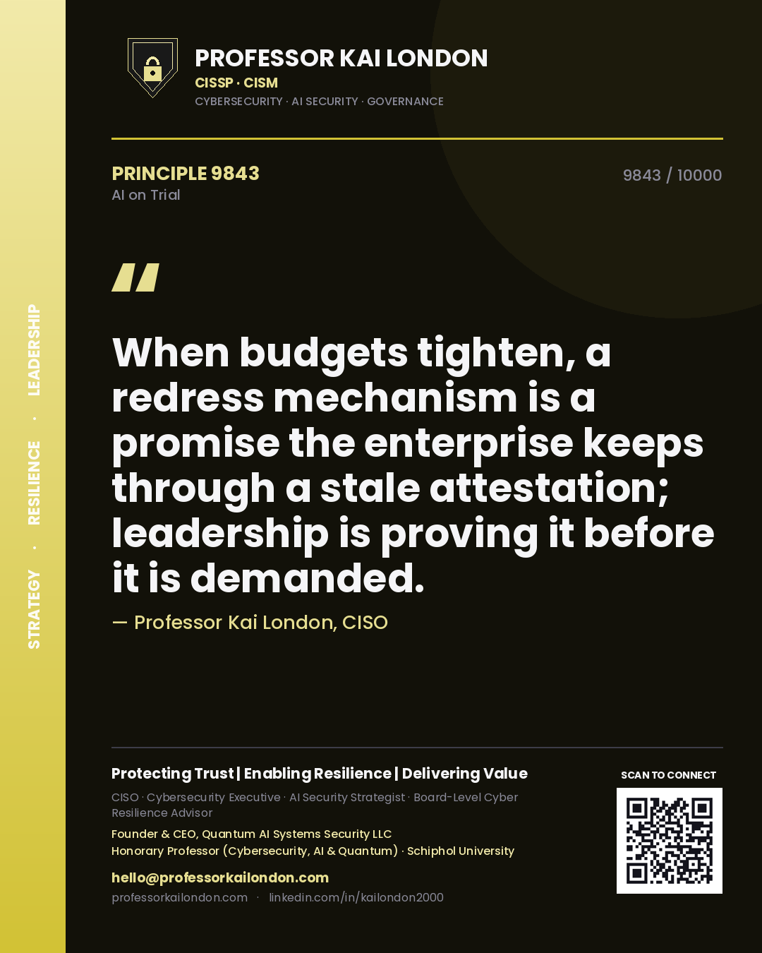Professor Kai London principle 9843: When budgets tighten, a redress mechanism is a promise the enterprise keeps through a stale attestation; leadership is proving it before it is demanded.