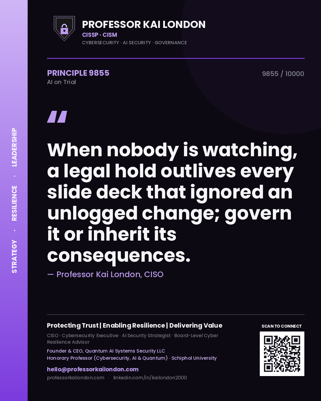 Quote card by Professor Kai London reading 'When nobody is watching, a legal hold outlives every slide deck that ignored an unlogged change; govern it or inherit its consequences.'. From the book AI on Trial.