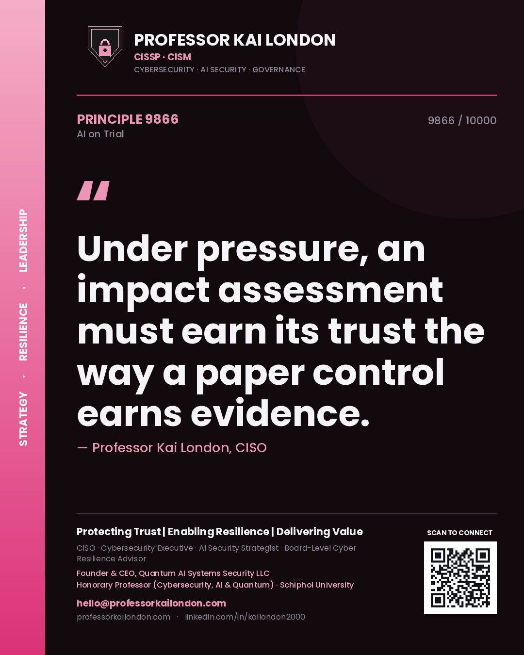 Quote card by Professor Kai London reading 'Under pressure, an impact assessment must earn its trust the way a paper control earns evidence.'. From the book AI on Trial.
