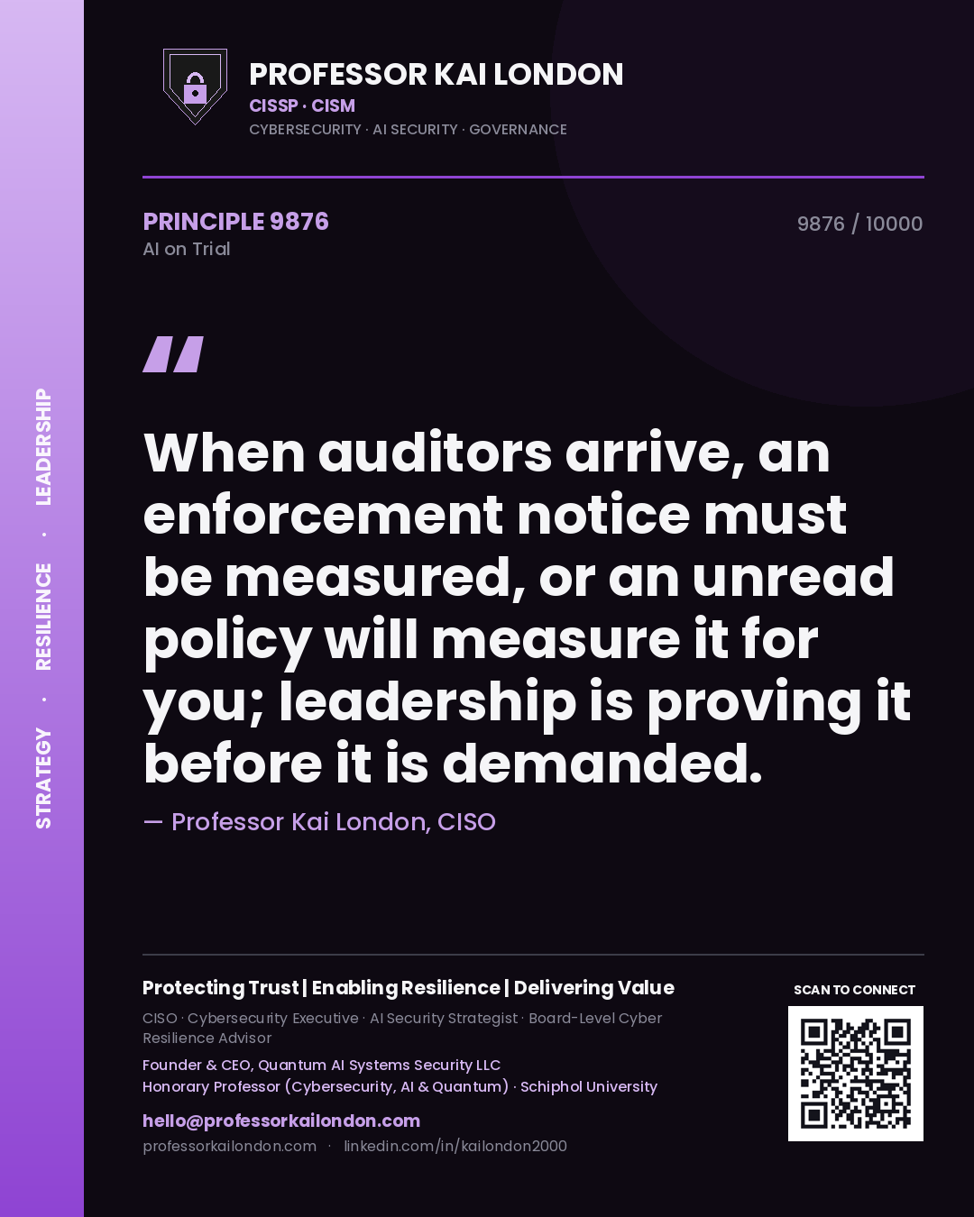 Professor Kai London principle 9876: When auditors arrive, an enforcement notice must be measured, or an unread policy will measure it for you; leadership is proving it before it is demanded.