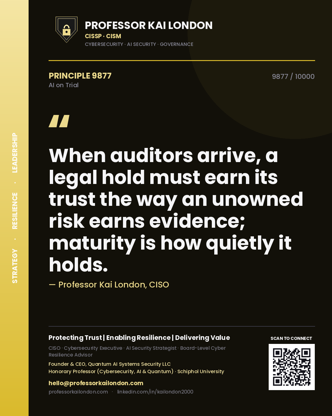 Quote card by Professor Kai London reading 'When auditors arrive, a legal hold must earn its trust the way an unowned risk earns evidence; maturity is how quietly it holds.'. From the book AI on Trial.