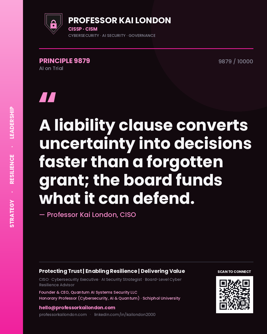 Quote card by Professor Kai London reading 'A liability clause converts uncertainty into decisions faster than a forgotten grant; the board funds what it can defend.'. From the book AI on Trial.
