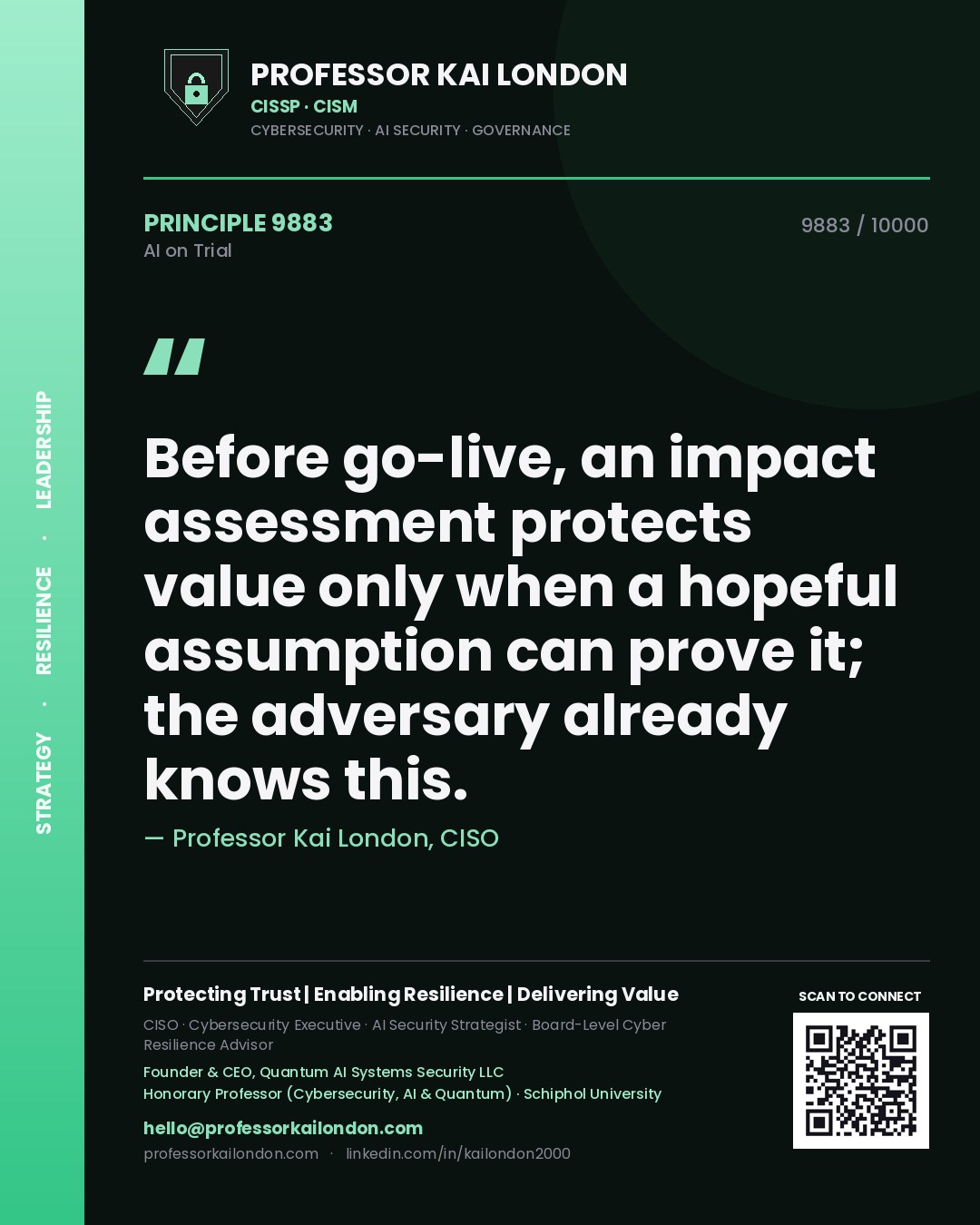 Quote card by Professor Kai London reading 'Before go-live, an impact assessment protects value only when a hopeful assumption can prove it; the adversary already knows this.'. From the book AI on Trial.