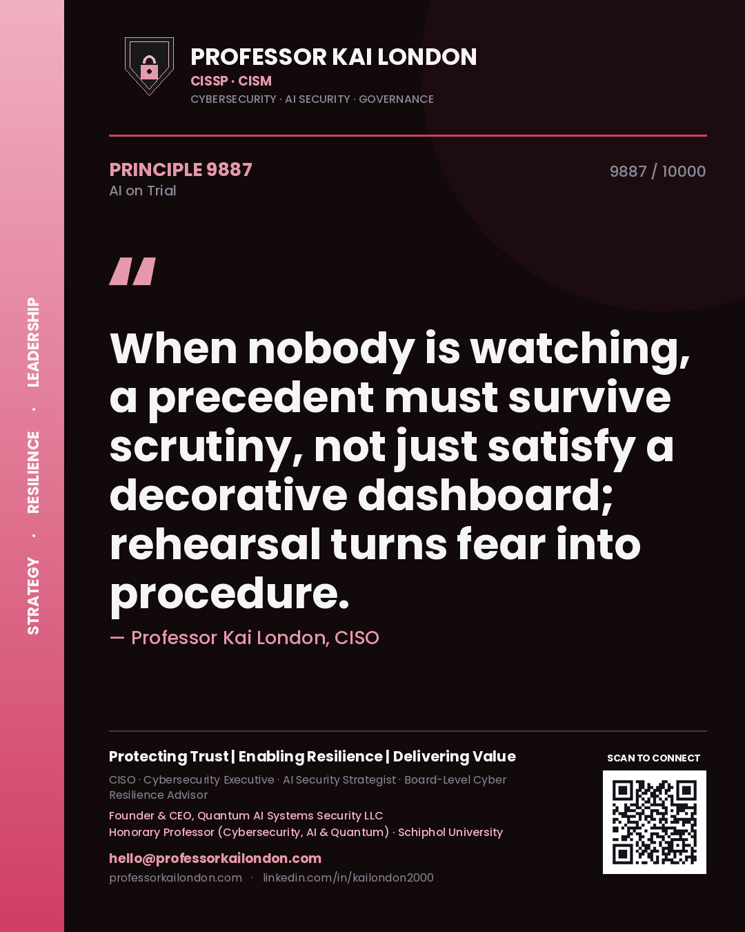 Professor Kai London principle 9887: When nobody is watching, a precedent must survive scrutiny, not just satisfy a decorative dashboard; rehearsal turns fear into procedure.