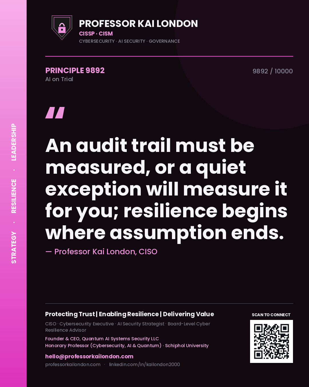 Professor Kai London principle 9892: An audit trail must be measured, or a quiet exception will measure it for you; resilience begins where assumption ends.