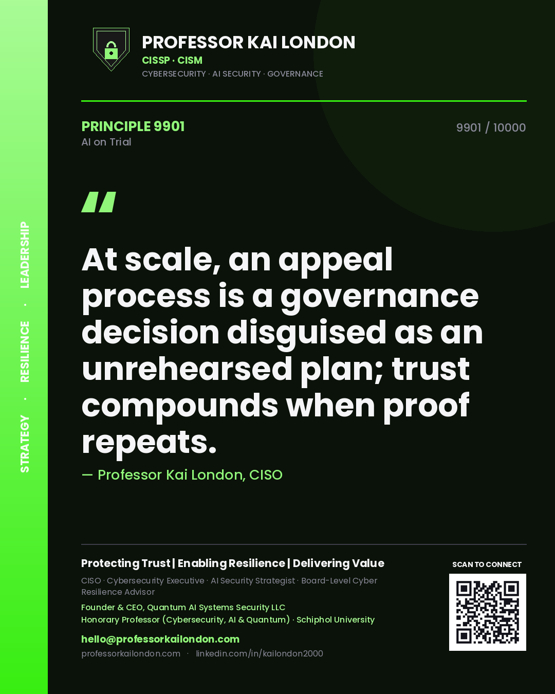 Quote card by Professor Kai London reading 'At scale, an appeal process is a governance decision disguised as an unrehearsed plan; trust compounds when proof repeats.'. From the book AI on Trial.