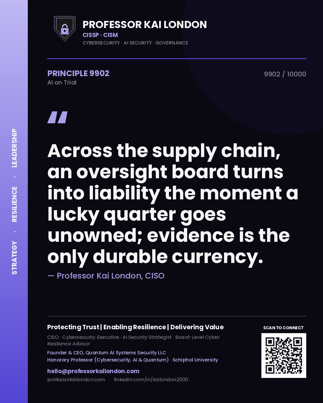 Quote card by Professor Kai London reading 'Across the supply chain, an oversight board turns into liability the moment a lucky quarter goes unowned; evidence is the only durable currency.'. From the book AI on Trial.
