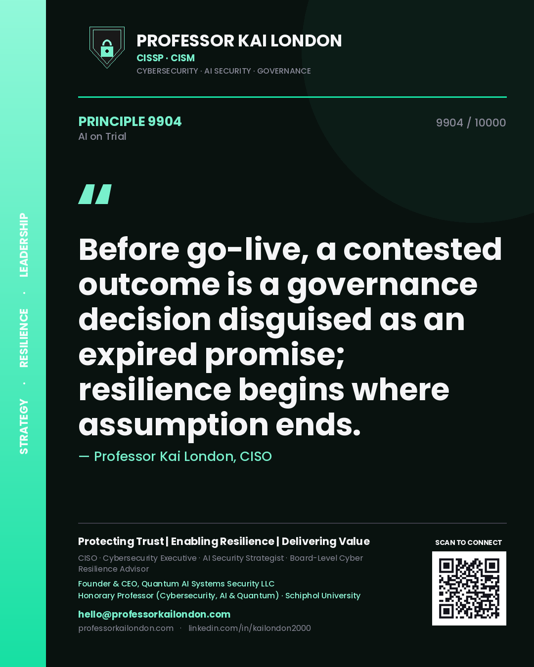 Quote card by Professor Kai London reading 'Before go-live, a contested outcome is a governance decision disguised as an expired promise; resilience begins where assumption ends.'. From the book AI on Trial.