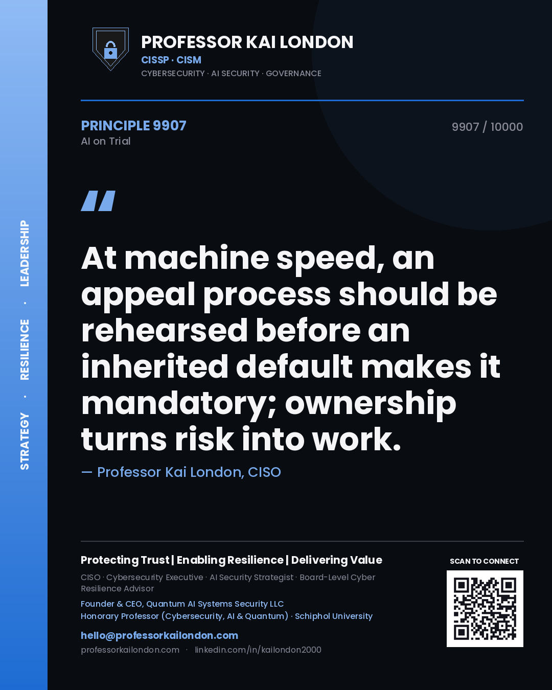 Professor Kai London principle 9907: At machine speed, an appeal process should be rehearsed before an inherited default makes it mandatory; ownership turns risk into work.