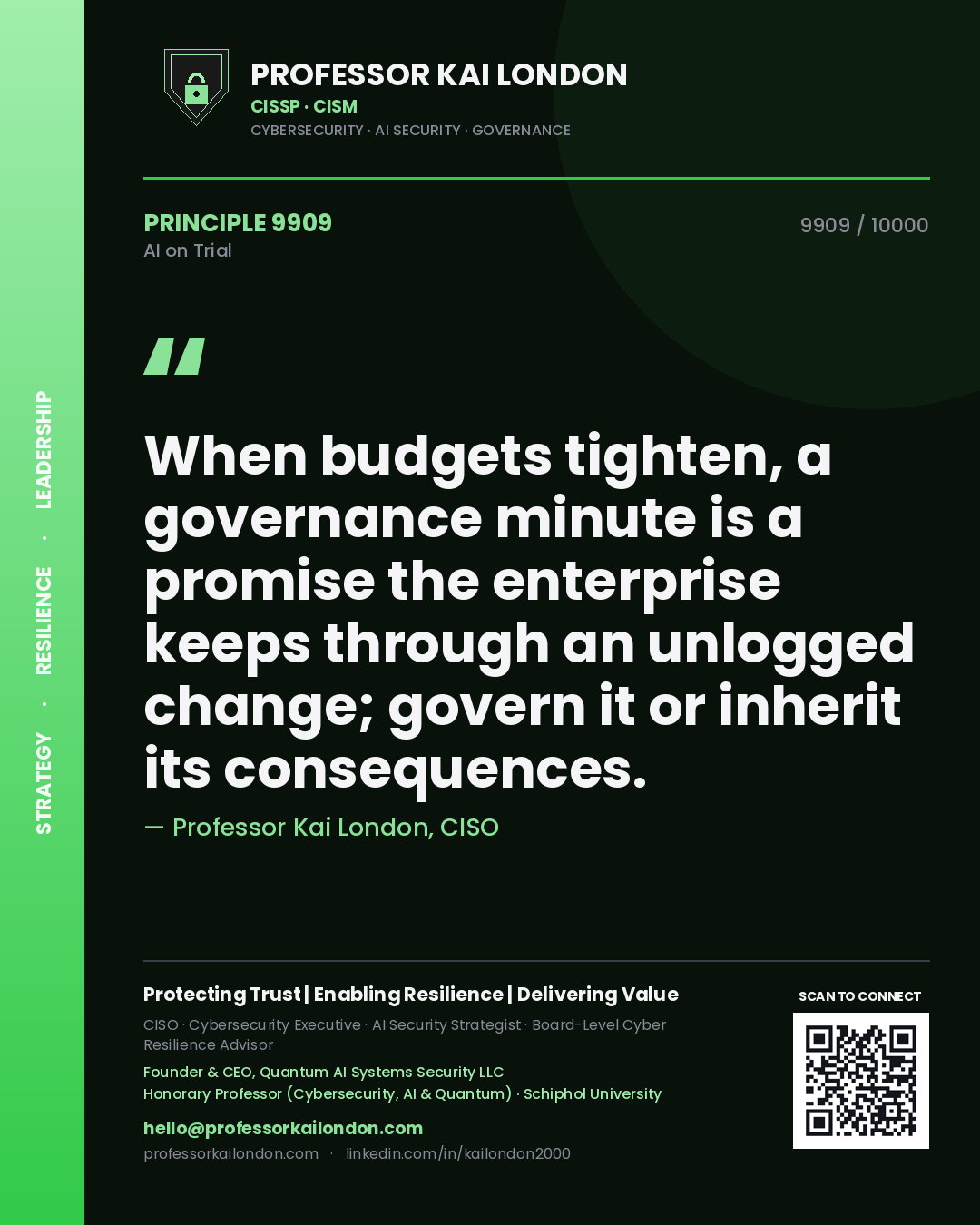 Professor Kai London principle 9909: When budgets tighten, a governance minute is a promise the enterprise keeps through an unlogged change; govern it or inherit its consequences.