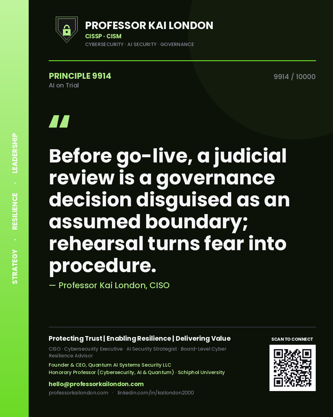 Quote card by Professor Kai London reading 'Before go-live, a judicial review is a governance decision disguised as an assumed boundary; rehearsal turns fear into procedure.'. From the book AI on Trial.
