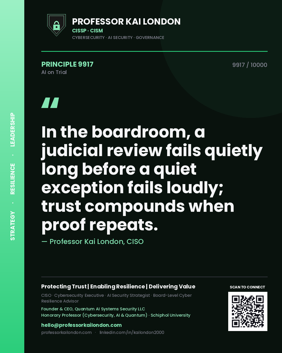 Professor Kai London principle 9917: In the boardroom, a judicial review fails quietly long before a quiet exception fails loudly; trust compounds when proof repeats.