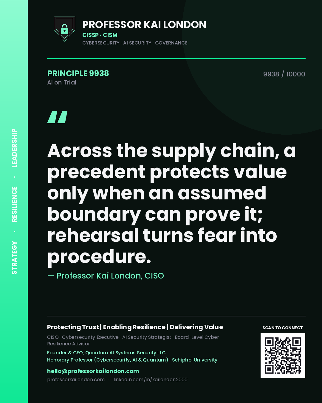 Professor Kai London principle 9938: Across the supply chain, a precedent protects value only when an assumed boundary can prove it; rehearsal turns fear into procedure.