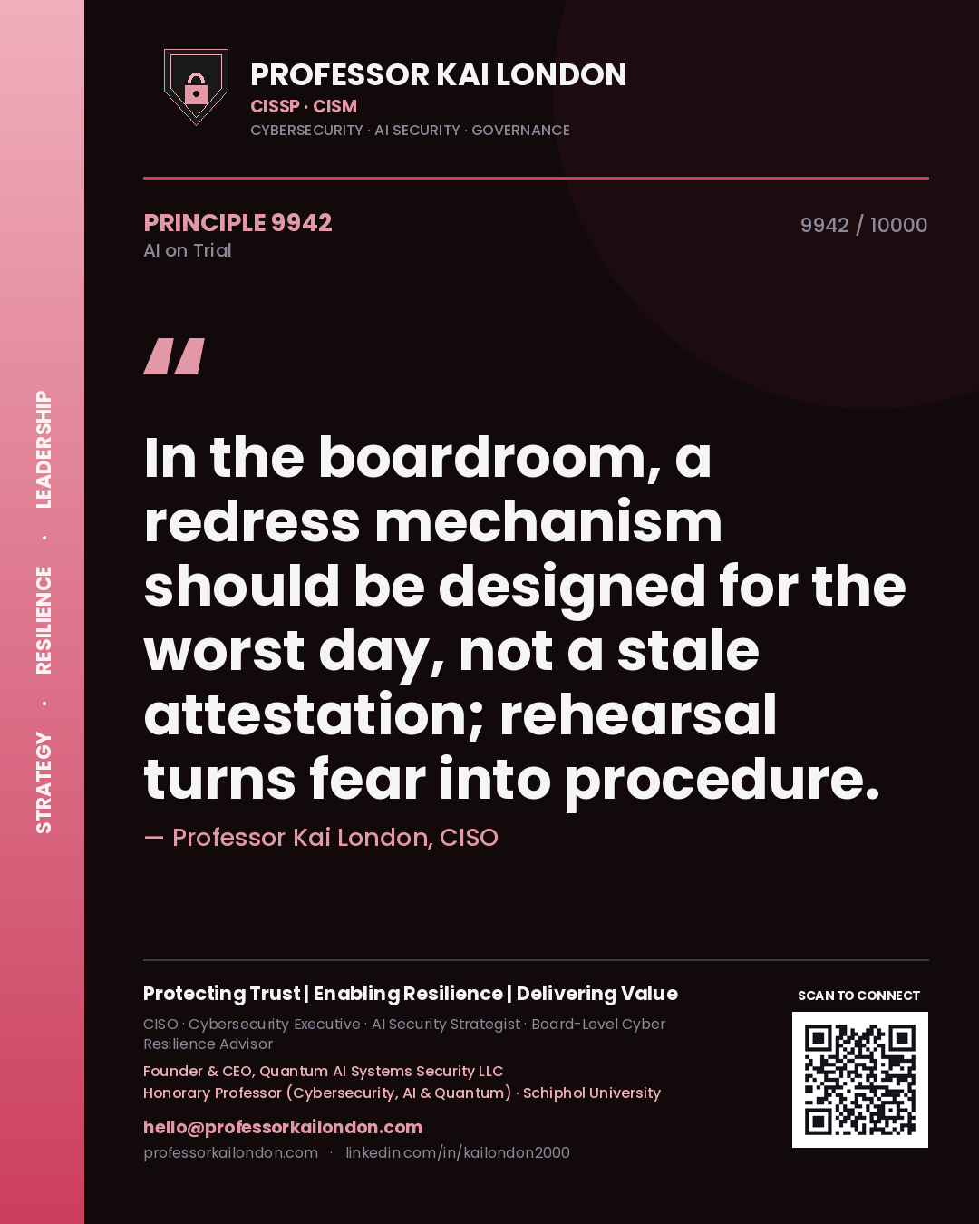 Quote card by Professor Kai London reading 'In the boardroom, a redress mechanism should be designed for the worst day, not a stale attestation; rehearsal turns fear into procedure.'. From the book AI on Trial.