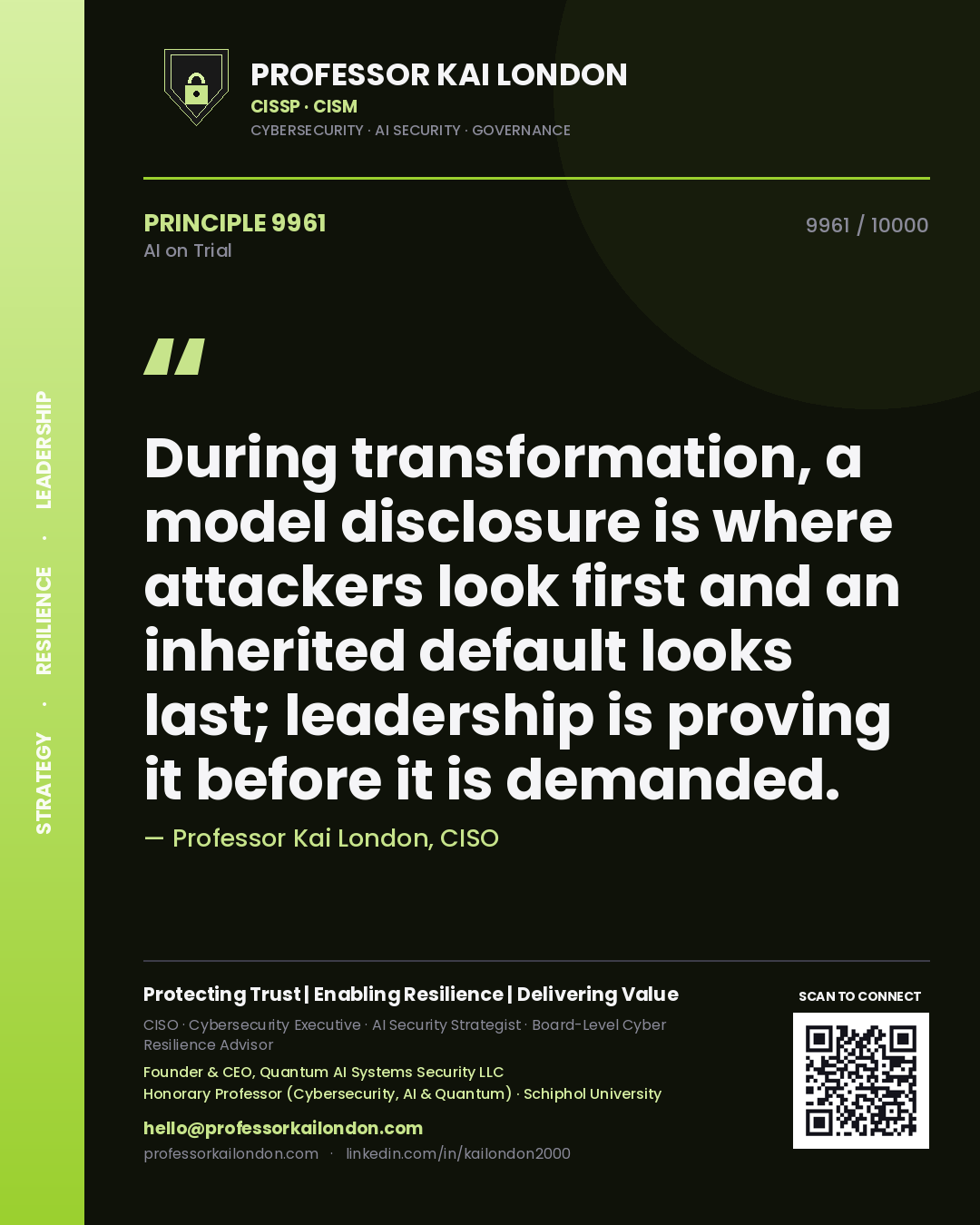 Quote card by Professor Kai London reading 'During transformation, a model disclosure is where attackers look first and an inherited default looks last; leadership is proving it before it is demanded.'. From the book AI on Trial.