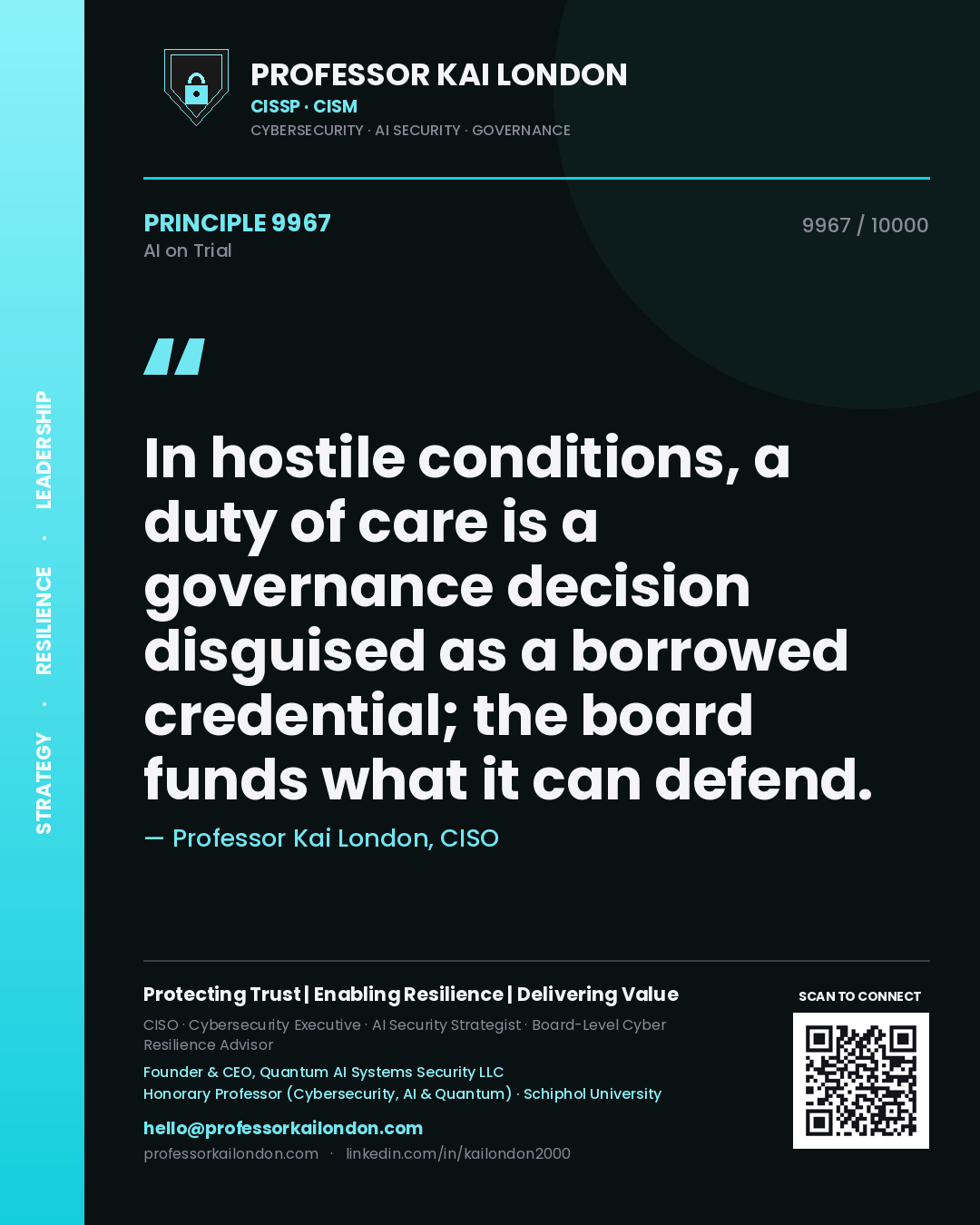 Quote card by Professor Kai London reading 'In hostile conditions, a duty of care is a governance decision disguised as a borrowed credential; the board funds what it can defend.'. From the book AI on Trial.